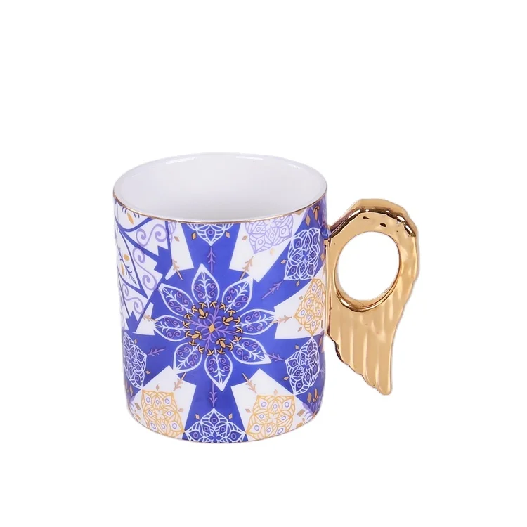 Angel Wing Gold Handle Porcelain Coffee Mugs Ceramic Mug Cups Gold Rim Coffee Cups