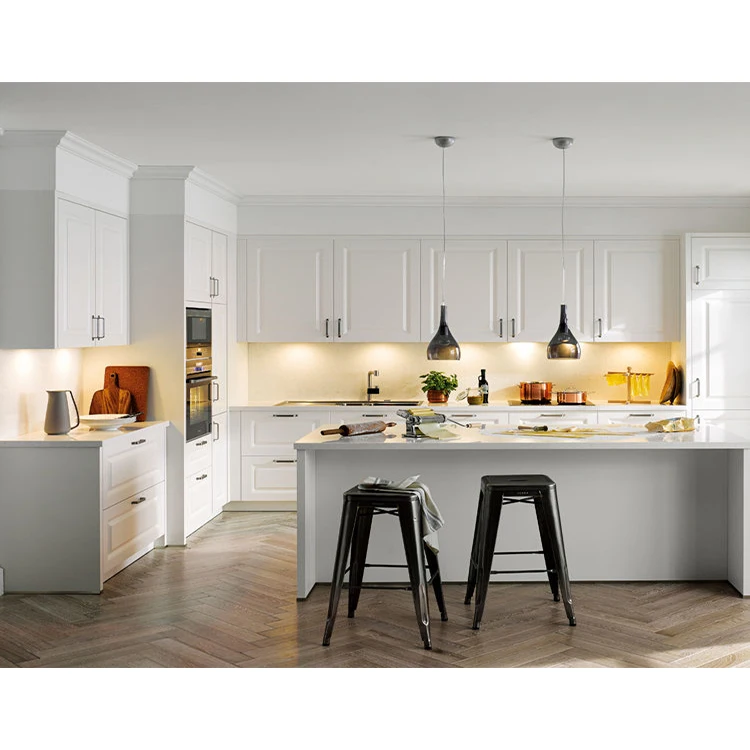 Home hotel wooden cabinet furniture design modern pearl white pvc membrane modular kitchen cabinets sets with granit tops