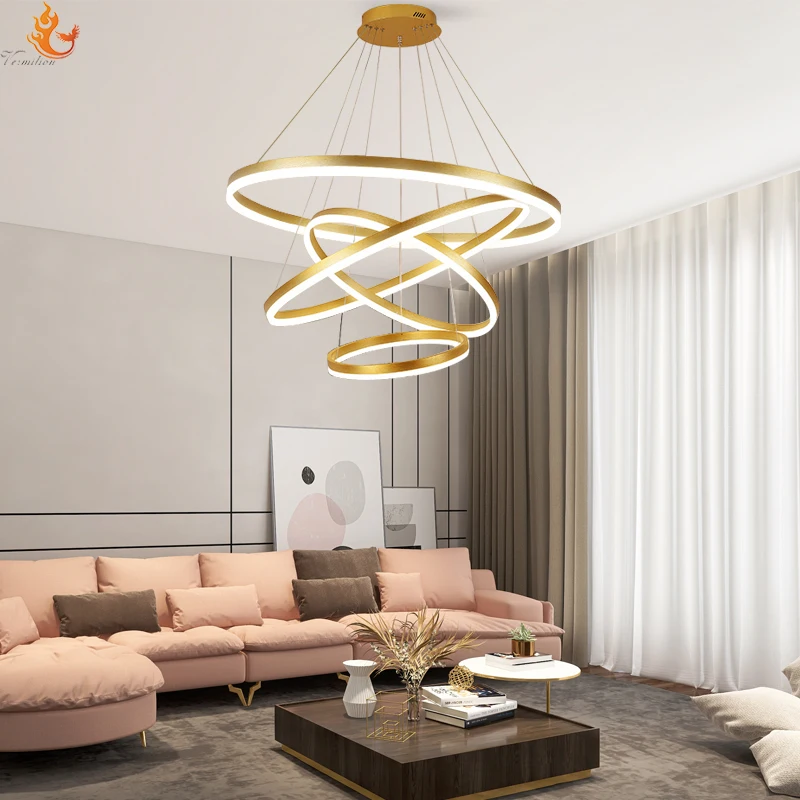 Guzhen Gold Color Luxury Contemporary hanging decorative pendant lights nordic modern design circle ring led chandeliers