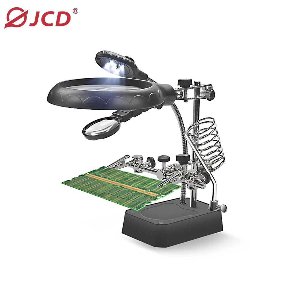 JCD TE-800 Welding Magnifying Glass 5 LED Auxiliary Clip Magnifier 3 In1 Hand Soldering Solder Iron Stand Holder Magnifier