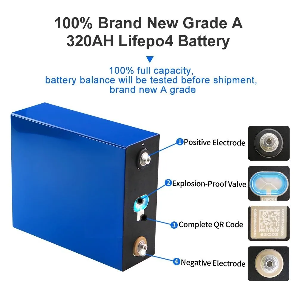 EU Stock 320AH Lifepo4 Battery Grade A Rechargeable Lithium Iron Phosphate Cell 12V 24V Prismatic Solar Battery For Golf Cart