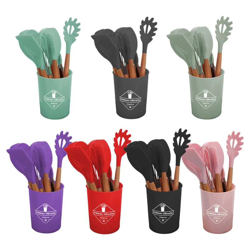 Amazon top seller 2022 kitchen accessories 12pcs Multi-Color wooden handle silicone kitchen cooking utensil set for kitchen