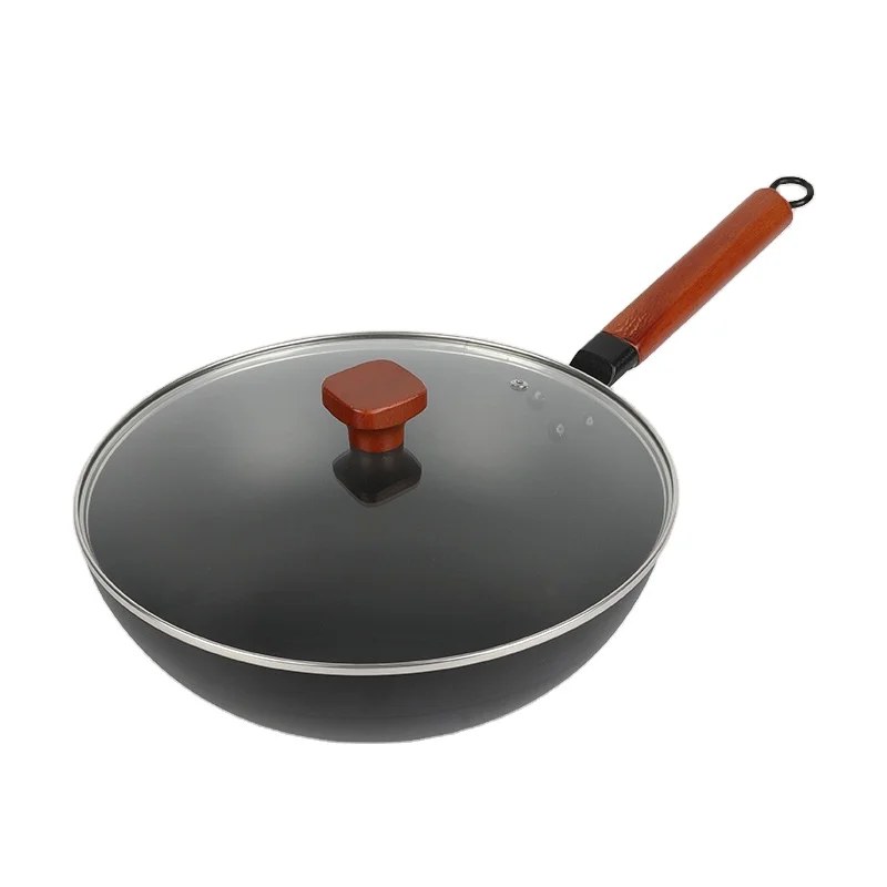 Gas Induction Cooker Universal Wooden Handle Cast Iron Smokeless Uncoated Non-stick Wok