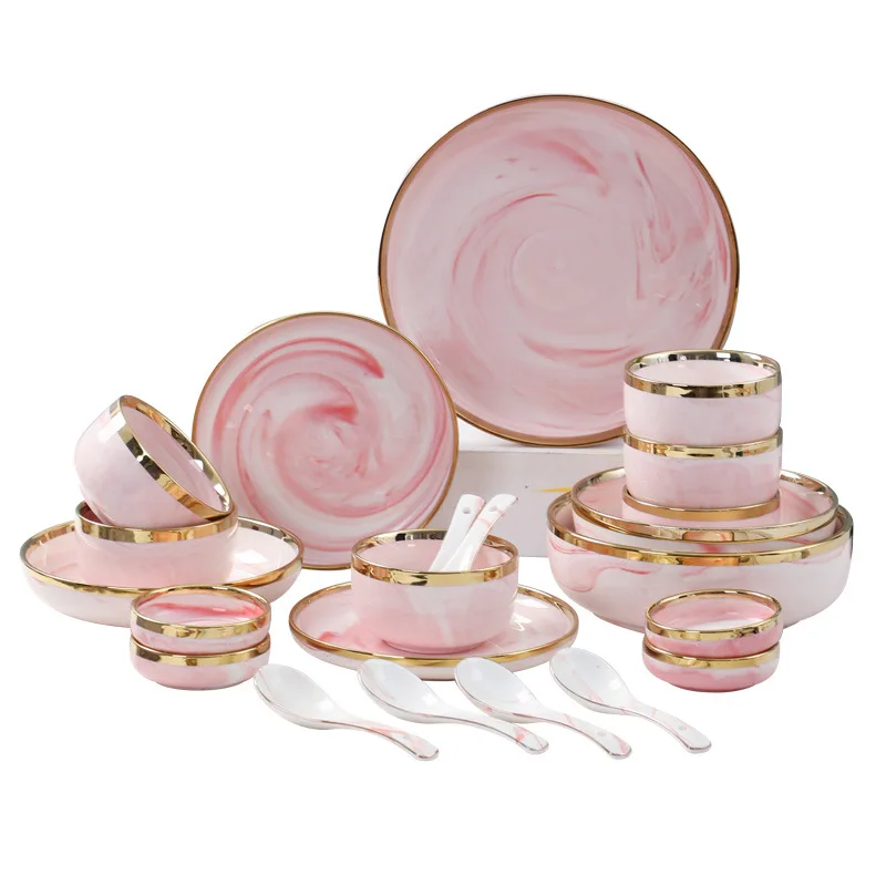 Nordic Marble Pink Gold Trim Plate Set Porcelain Tableware Patra Chinese Porcelain Ceramic Tableware Dish