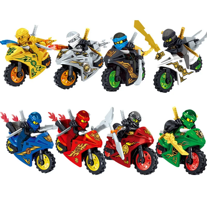 8Pcs Set Ninja Go Compatible Minifigs with Motorcycles Building Blocks Mini Figures Kids Block Toys