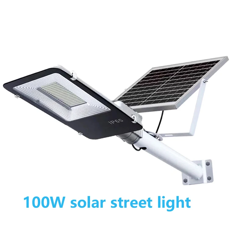 100W Outdoor Aluminum Solar Street Light with 6500K 200W Power SMD LED Chip Time Control Remote for Road Lighting IP65 Rated