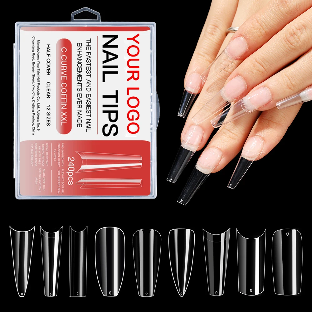240Pcs/Box Private Label OEM/ODM Clear No C Curve Clear Fake Nails Ultra-thin And Traceless Extra Long XXL False Nail Tips