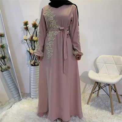 Fashion luxury embroidery lace pearl Islamic dress female Muslim Maxi Dubai abaya dress