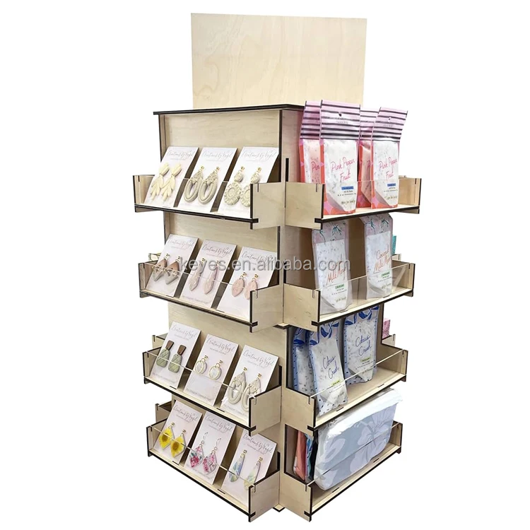 New Retail Store Fixtures Wooden Rotating Acrylic Counter Candy Snacks Display Stand Custom Card Jewelry Earring Display Stand