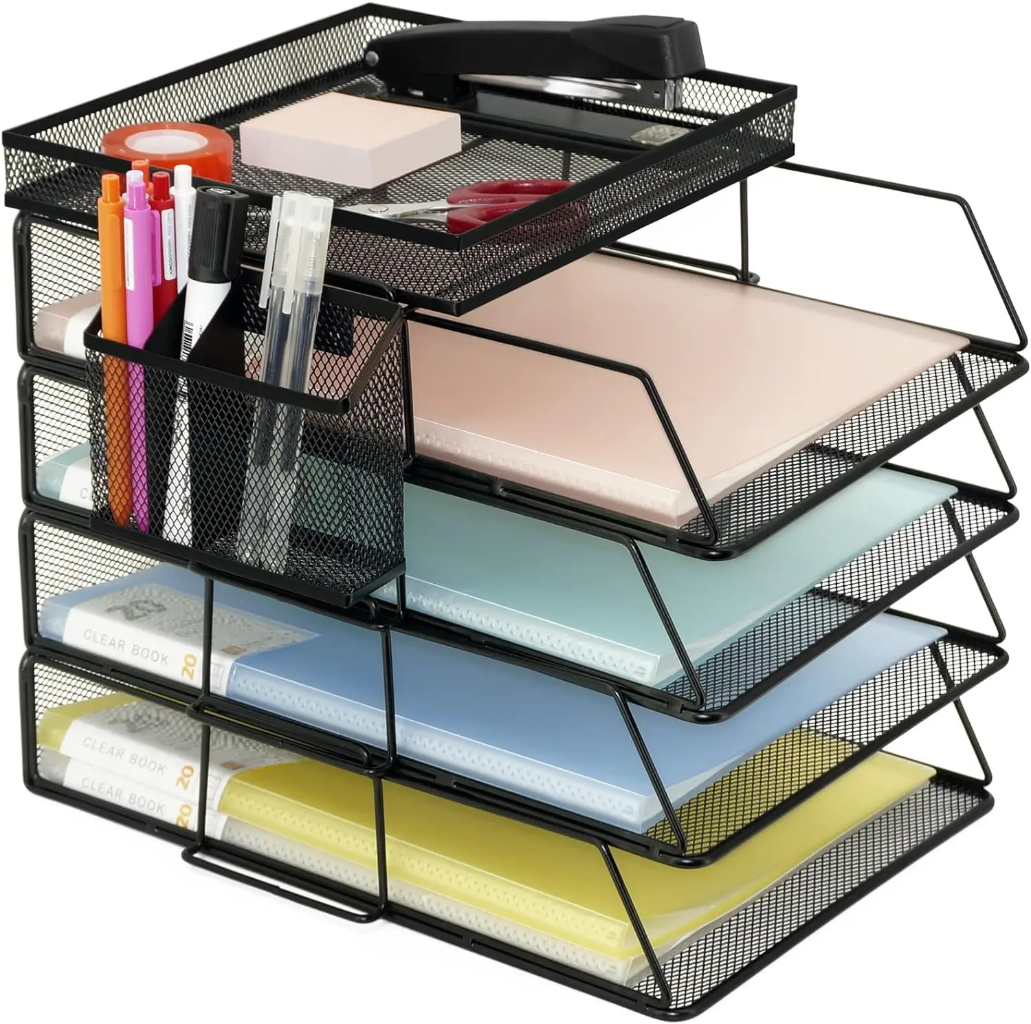 Office Supplier Desk Organizer , 4-Pack Stackable Desk File Document Letter Tray with Pen Holder
