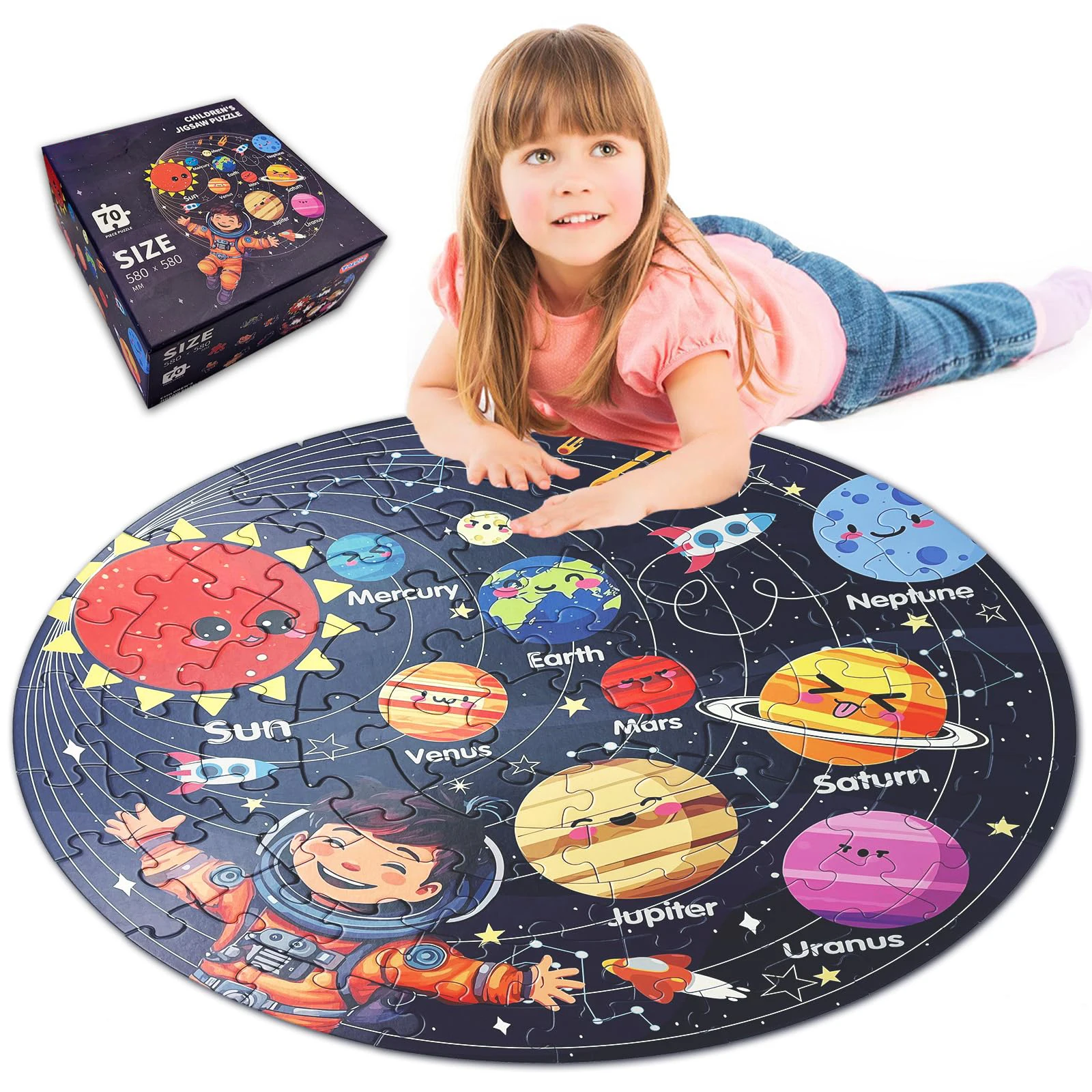 Customize Toy Paper Jigsaw Puzzle Large 70 Pieces Printing Solar System Planets Round Floor Puzzles for Kids