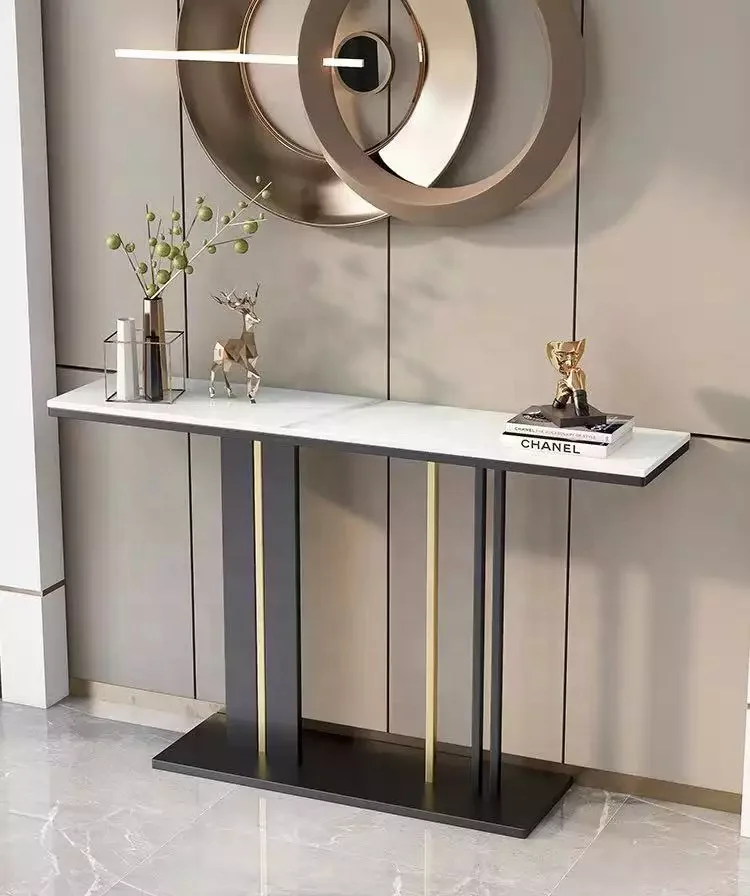 120CM Modern White Marble Pattern Tabletop TV Console Table Entryway Porch Table with Black Legs