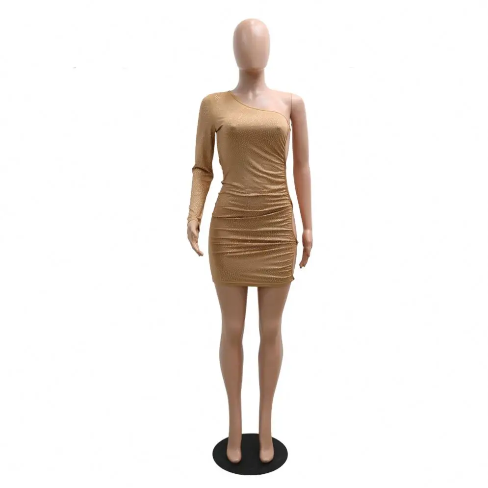 Nightclub party hot diamond side hollow oblique shoulder bag hip dress