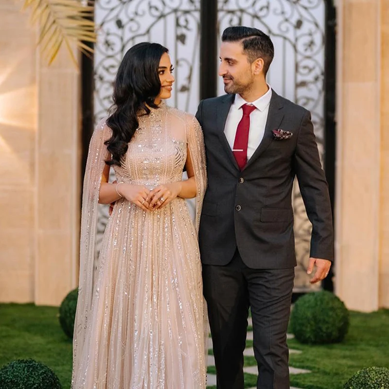 Lscz162-2 Luxury Dubai Grey Nude Arabic Evening Dresses With Cape Sleeves Elegant Women Formal Gowns For Wodding Party