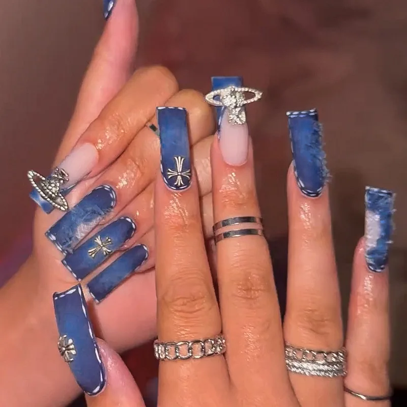Pretty Blue Press On Nails Artificial Fingernails Soft Gel 100% Hand Made Artificial Fingernails French Tip Press On Nails