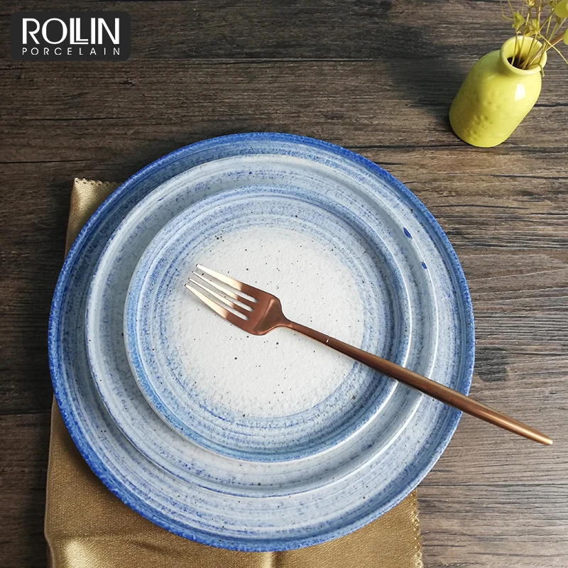 High quality stoneware dinnerware Set ceramic porcelain stickness blue plate set