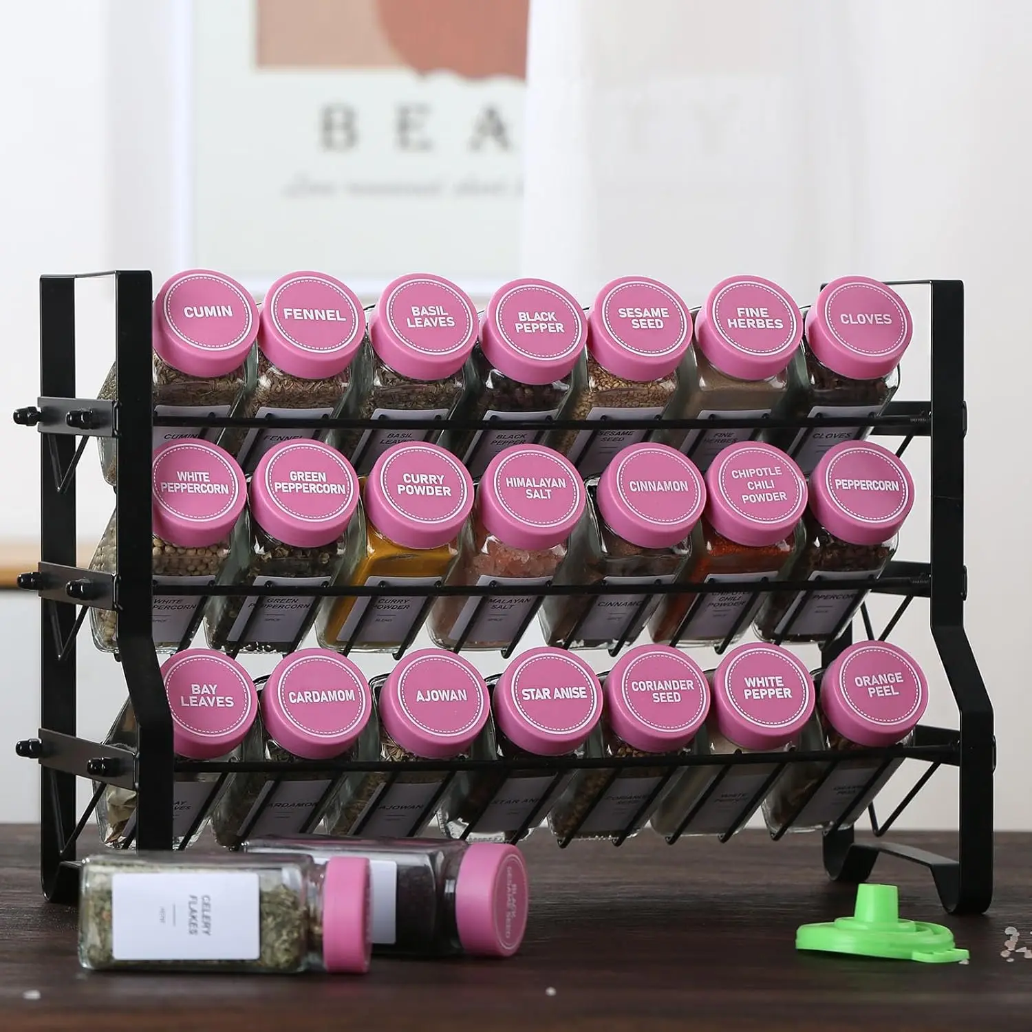 Glass Spice Jars Spice Containers with Pink Lids and Shaker Lids Spice Labels 1 Collapsible Funnel 2 Erasable Markers