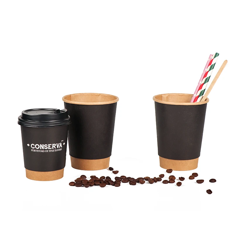 Оптовая продажа, 100% биоразлагаемые одноразовые стаканчики из крафт-бумаги для горячего кофе с двойными стенками пла, 8 унций, с крышкой