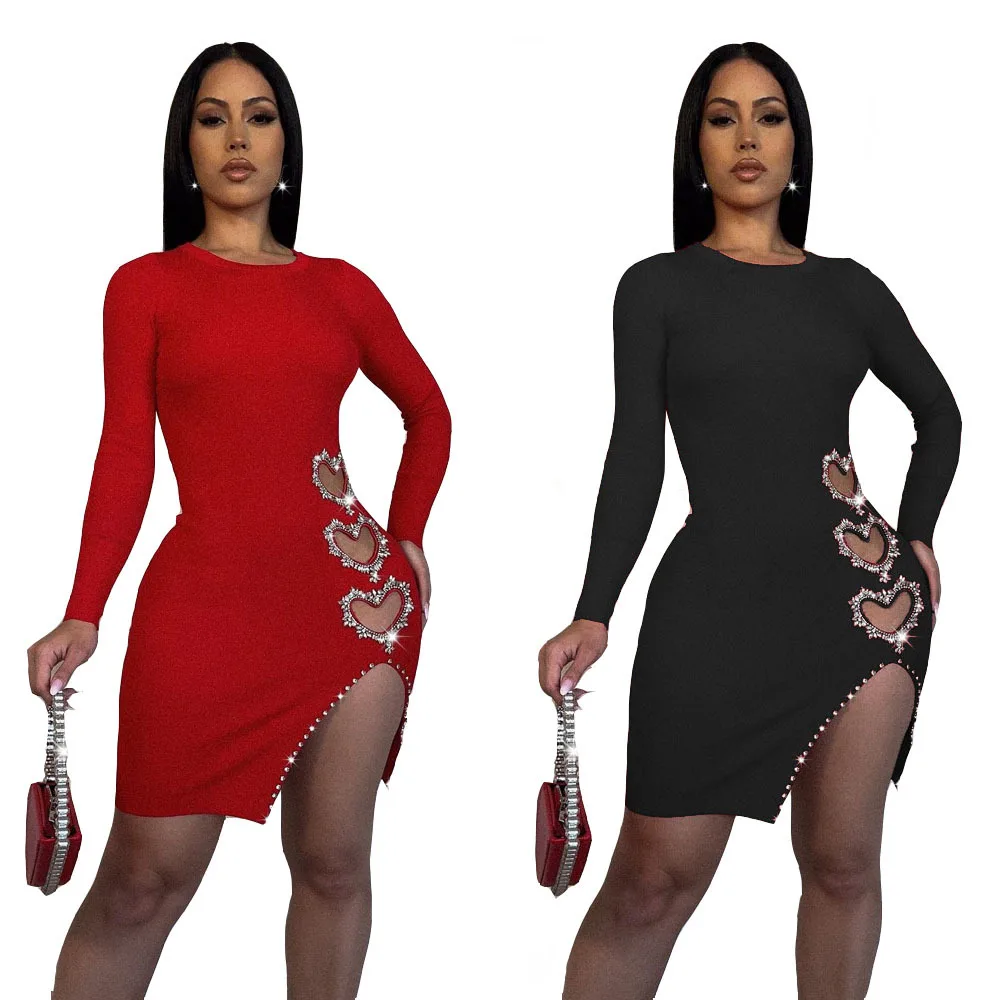 A1440 Sexy solid color round neck long sleeve heart shape rhinestone short slit dress hip wrap bodycon dress