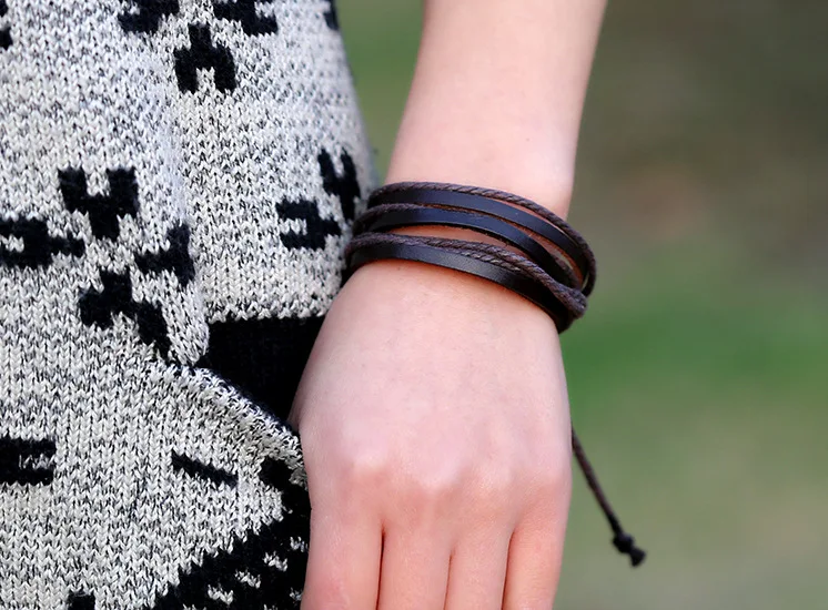 Hot Selling Hand Woven Cowhide Hand Rope Bracelet Fashion Classic Jewelry Retro Hemp Rope Multi-layer Leather Bracelet