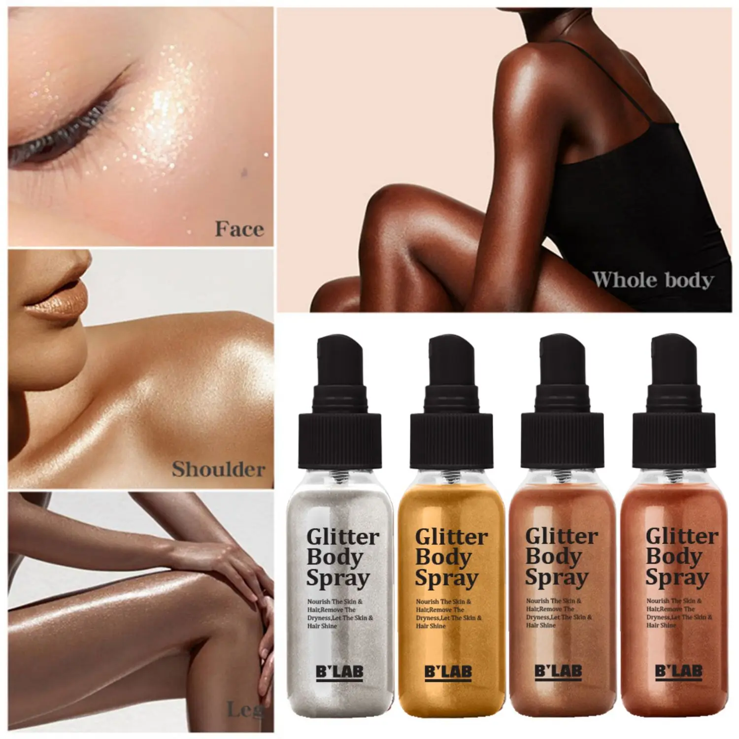 Wholesale Manufacturers Coconut Oil Hair Setting Glitter Spray Shimmer Sparkle Makeup Face Highlighter Body Spray Glitter