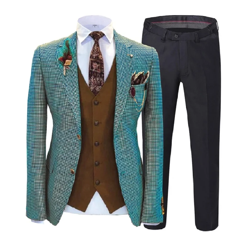 Custom Slim Fit Tweed Wool Business Plaid Design Wedding Groom 3 Piece Suits Set For Men