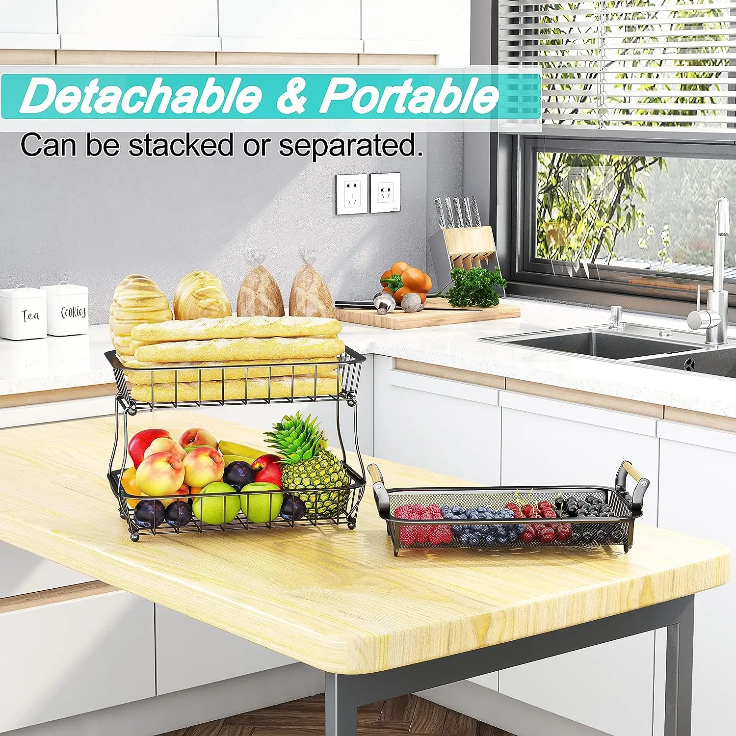 3 Tier Fruit Basket Bowl with 2 Banana Hangers for Kitchen Counter, Vegetable Countertop Produce Storage Holder