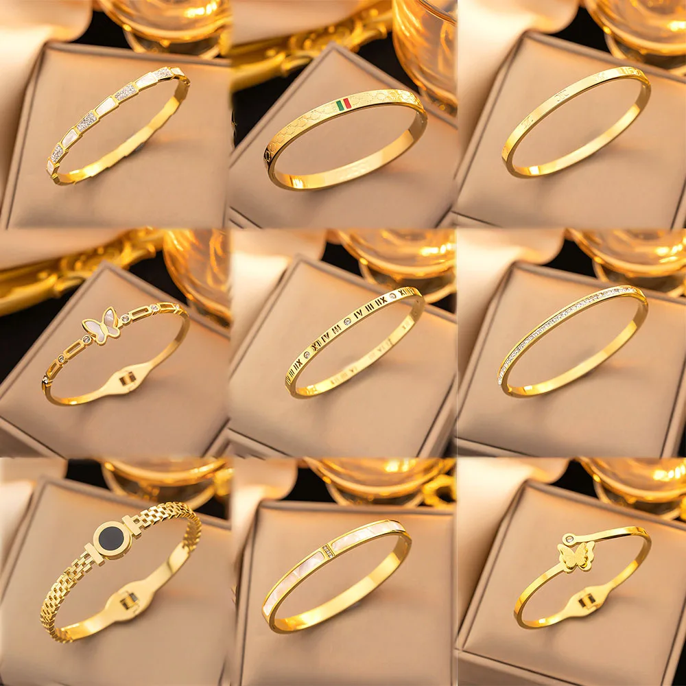 Top Quality 316 Stainless Steel Shell Zircon Butterfly Letter Bangle Women Minimalist Bamboo Cz Snake Bracelet Bangle For Gift