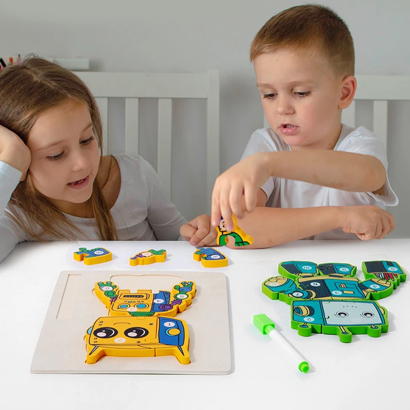 CE CPC New Montessori Wooden Puzzle Toy Double-sided Robot 3D Jigsaw Puzzle Drawing Board Educational Toys For Toddler