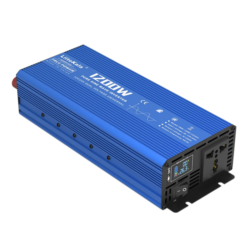 LiitoKala Intelligent Inverter Pure Sine Wave 1200W/2400W DC 12V/24V to AC 220V Voltage 50Hz Multiple Protection Metal Shell