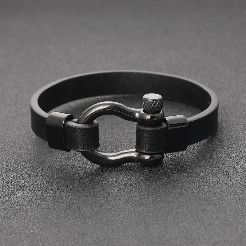 Punk Style Design  jewelry stainless steel  Horseshoe Buckle bracelet for men leather metal