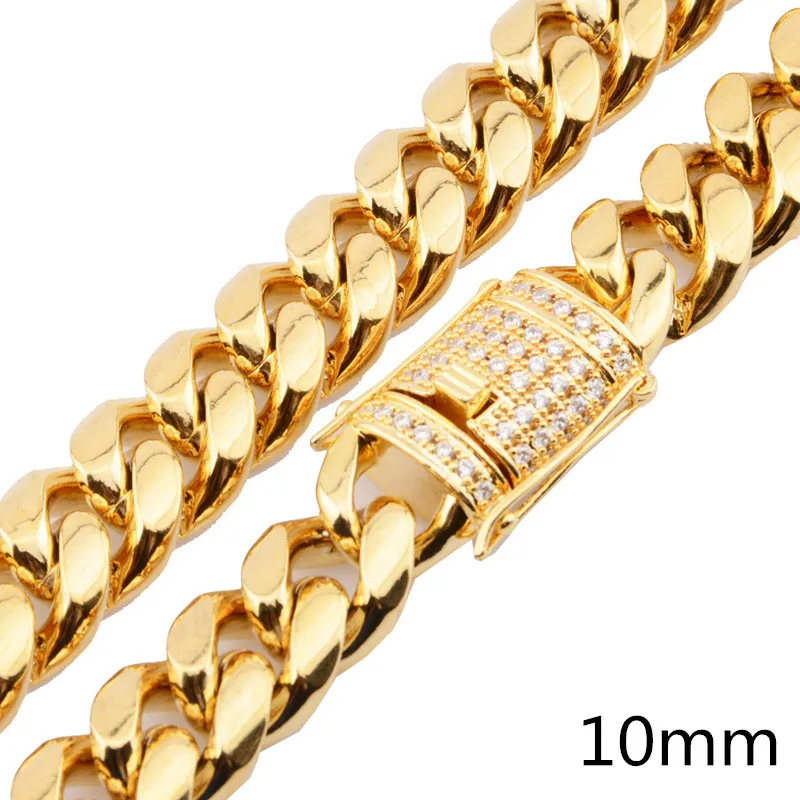 Ожерелье мужское из кубинской цепи Майами колье нержавеющей стали с покрытием 18-каратного золота 8/10/12/14/16/18 мм кубинским цирконием и бриллиантовой цепью