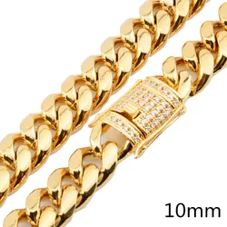 Mens Miami Cuban Link Chain 18K Gold plated 8/10/12/14/16/18mm Stainless Steel Curb Necklace with cz Diamond Chain Choker
