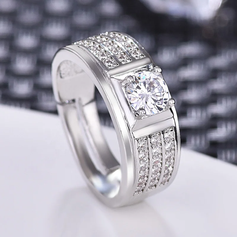  2021 Hot selling trendy jewelry vintage crystal zircon silver plated open rings men wedding engagement diamond adjustable