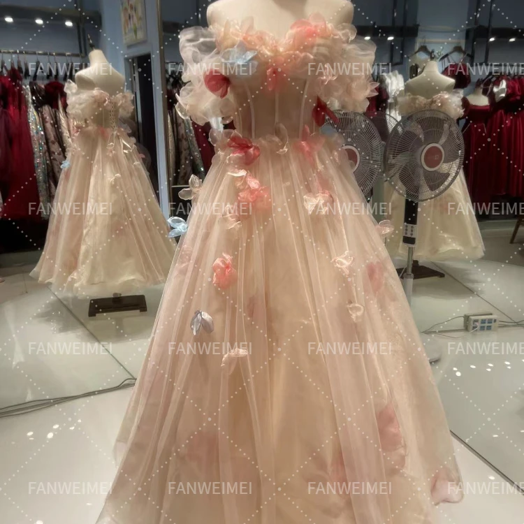 Wholesale FWM White A-line Elegant Floral Tulle Evening Party Dress Floor-length Sweet Pink Formal Party Gowns Vestido De Festa