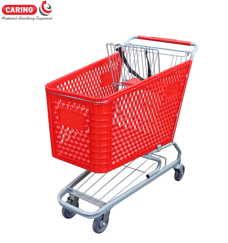 200L supermarket plastic shopping cart red color with logo printing