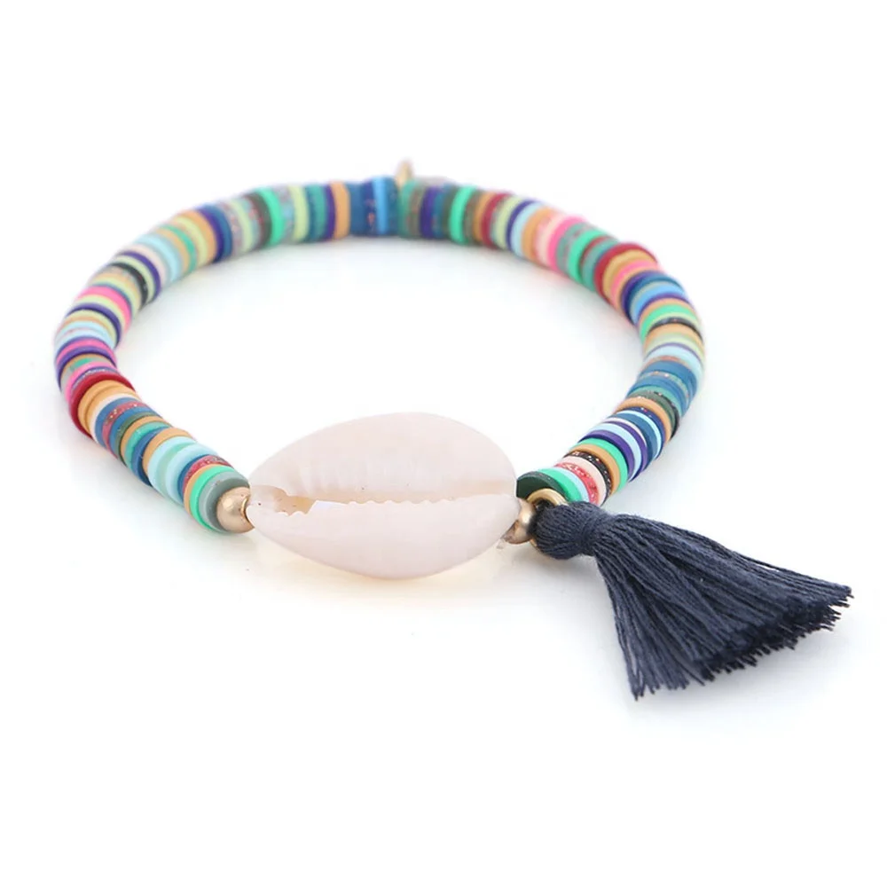 
White Case Elastic Bracelet Bohemian Coloured Polymer Clay Bead Bracelet Female Party Pearl Shell Beach 