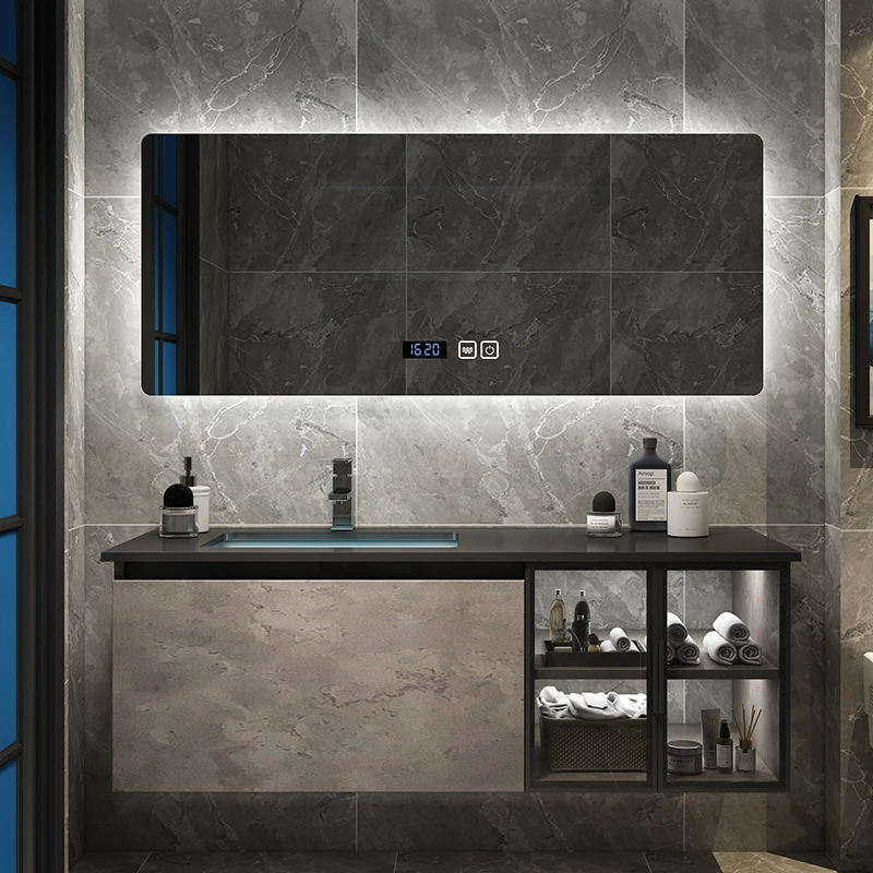 Hotel Solid Wood Bathroom vanity Cabinetry Combo Floating bath Vanity Modern Double Sink Black for washroom storage