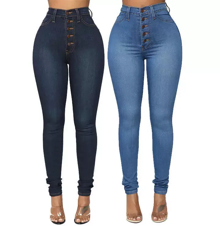2023 Wholesale price Garment wash cotton  Button  High Waist Skinny  Casual Custom Womens Jeans
