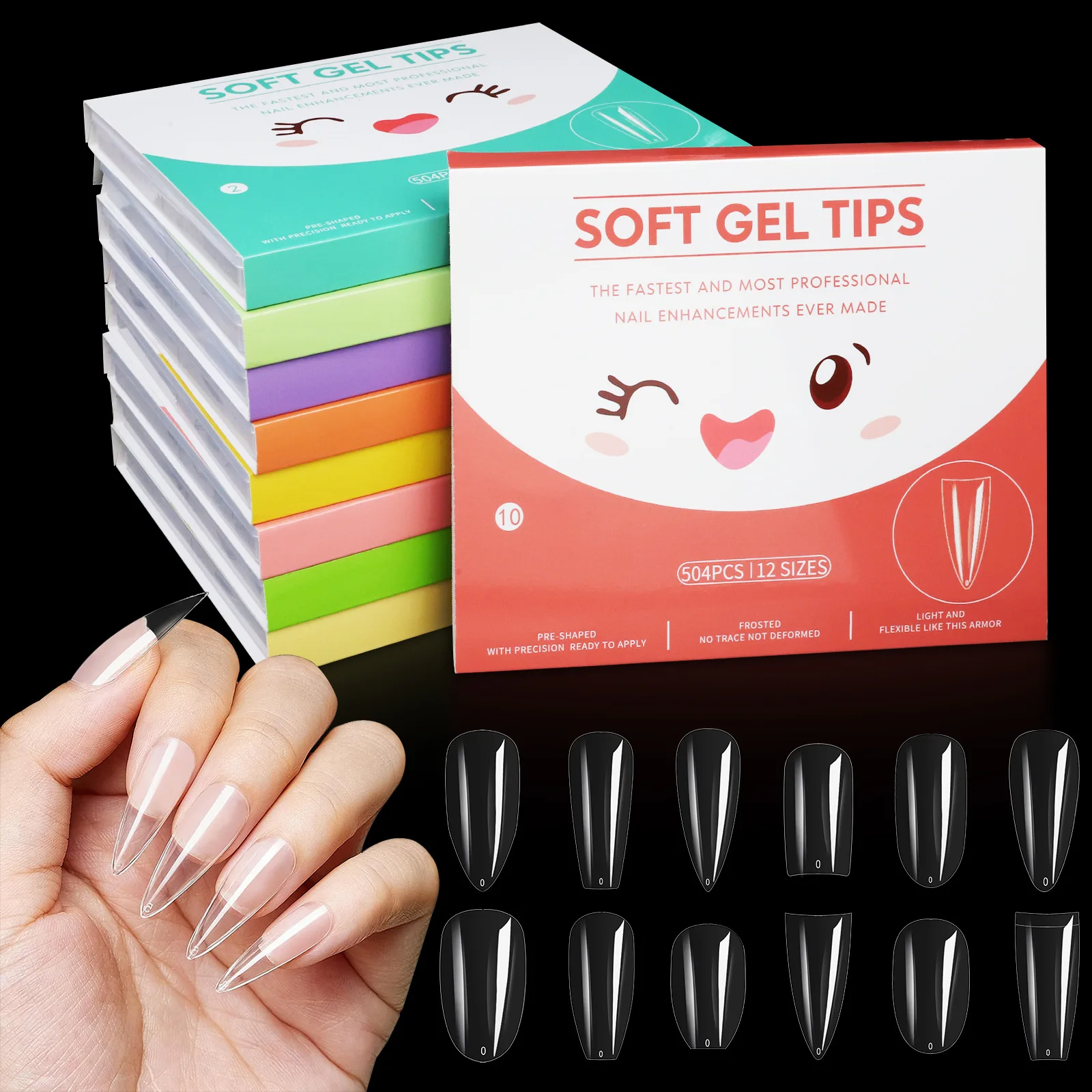 504PCS Acrylic Ballet Waterdrop Almond False Nail Tip Fully Covered Transparent Nail Plate Different Size Extend Nails