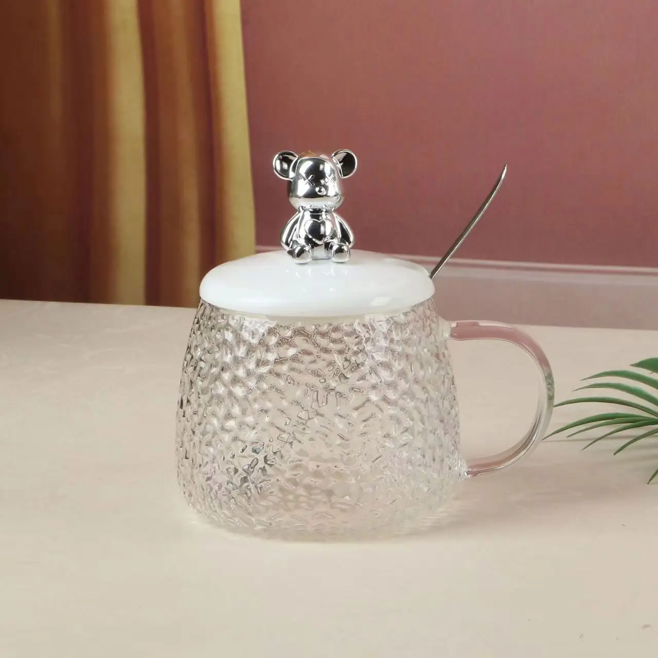 Ins Style High Quality Coffee Mug With Handle And Lid Clear Little Bear Glass Mug