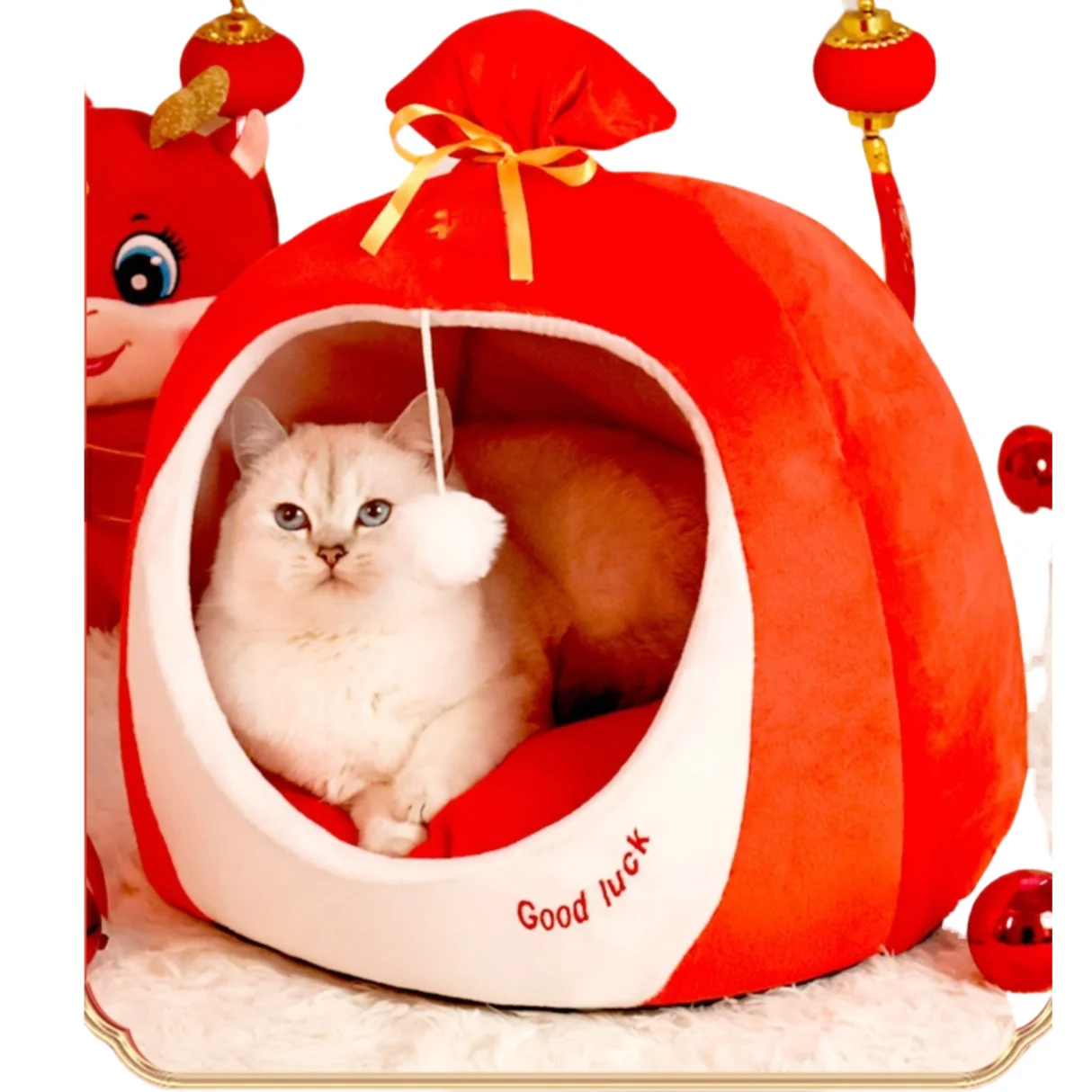 Custom Logo Hondenmand Washability Fluffy Cartoon Round Wholesale Calming Nest Cat Sleeping House Dog Cave Boucle Round Pet Bed