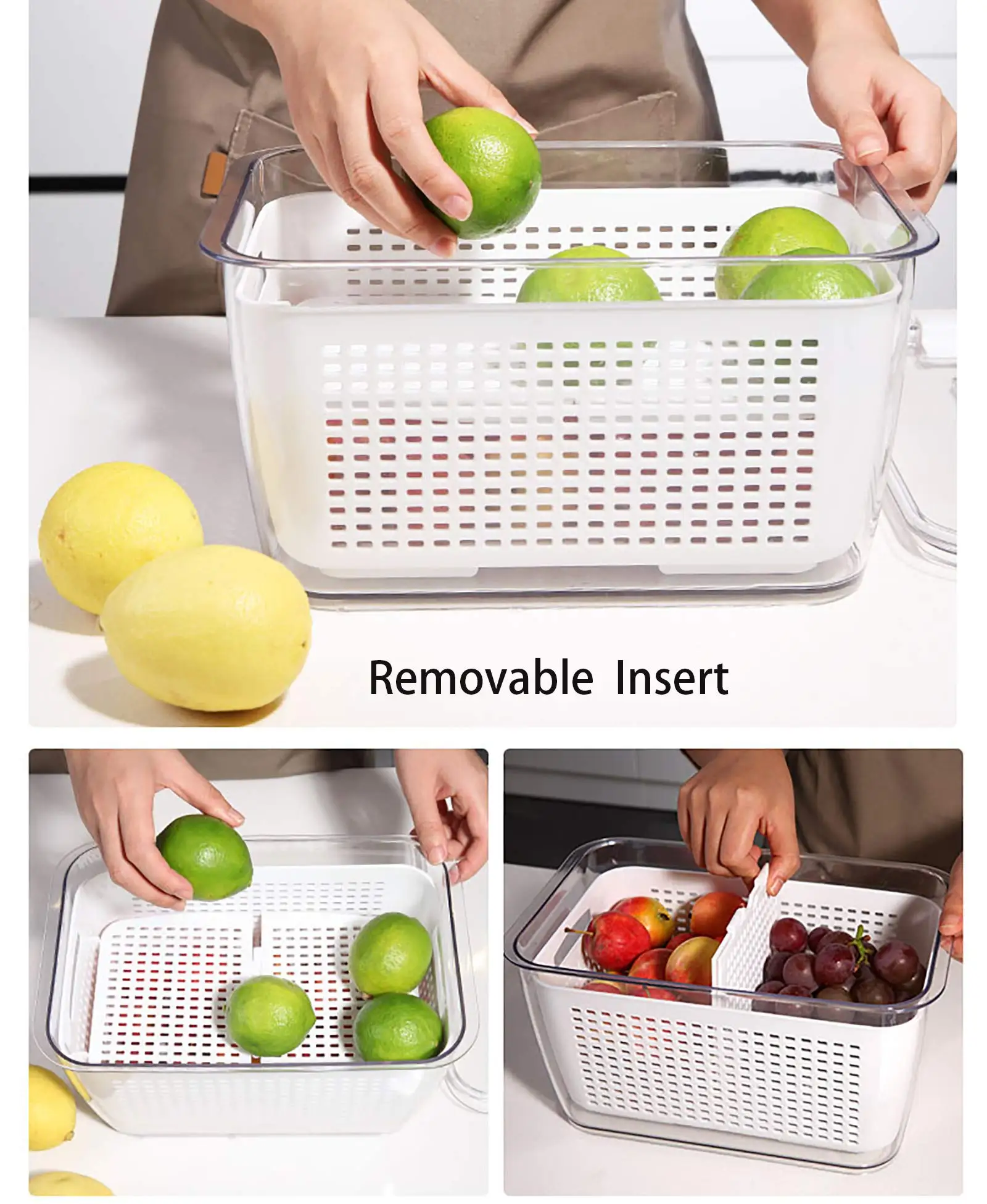 3 Pack Plastic White Produce Saver Container, Vegetable Fruit Storage Organizer Bins Fridge Container Box with Divider