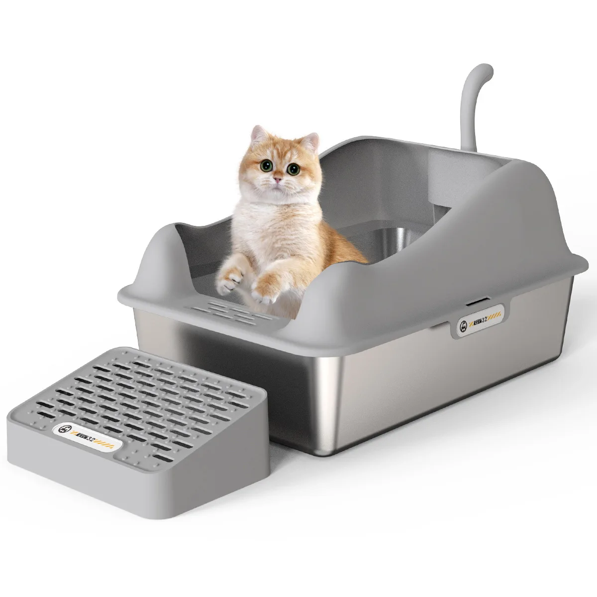 ZMaker 2024 Metal Cat Litter Box with Lid Extra Large Litter Box Cat Tail Design Stainless Steel Cat Litter Box With High Sided