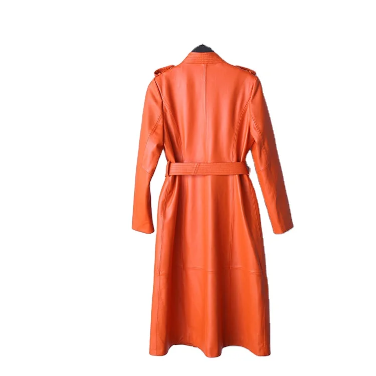 New fashion V-neck double-breasted belt strap trim genuine leather sheepskin long trench coat