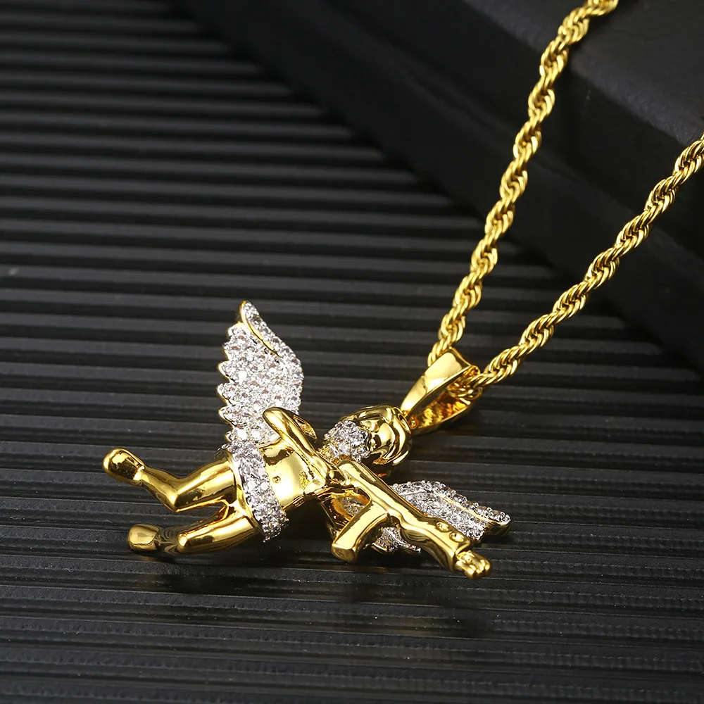 18K Gold Plated Hiphop Revenge  Angel Pendant Angel With Gun Necklace
