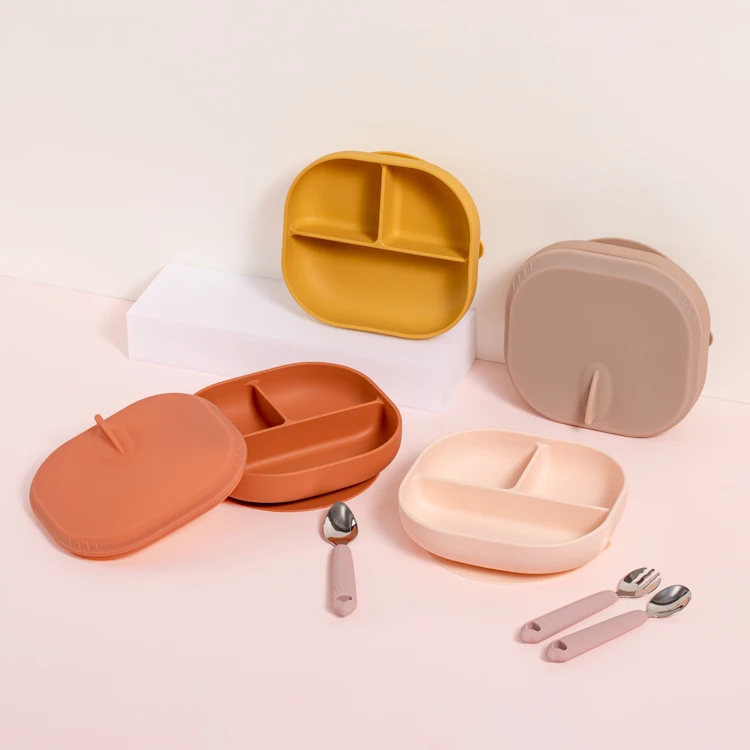 
BPA Free Toddler Kids Children Divided Toddler Dinner Feeding Plate Silicone Baby Suction Plate with Lid 