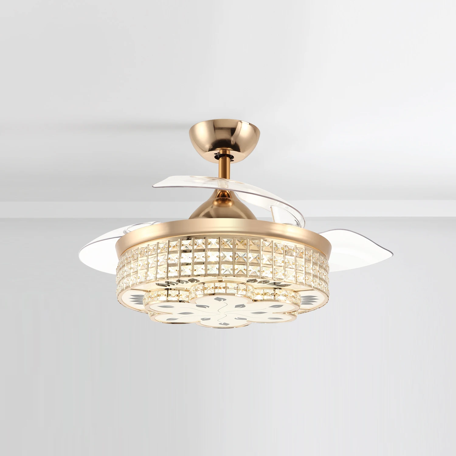 Modern luxury style premium ventilador de techo con luz led crystal retractable remote control chandelier fan ceiling fan light
