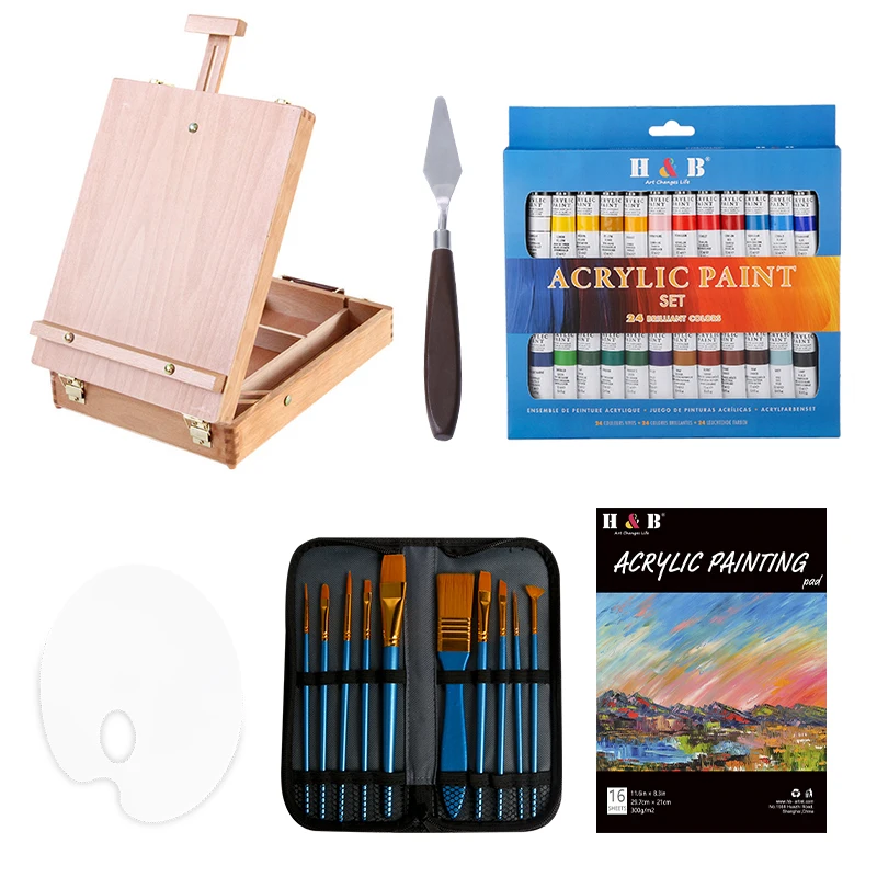 Professional Supplies 30 pcs  acrylic Paint Set with 24  Paints and acrylic Brushes painting knives paint palette  Acrylic pad