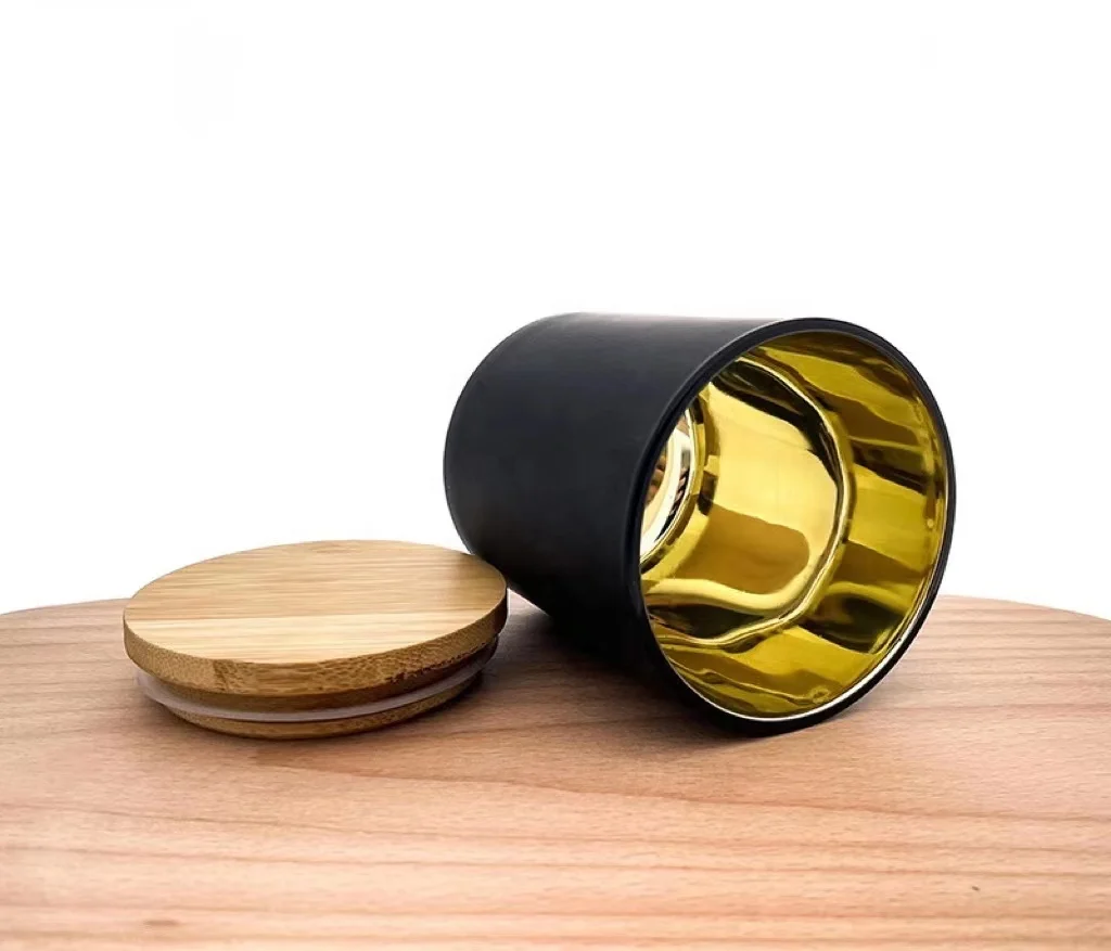 Ready to Ship Luxury 8oz 10oz Flat Bottom Round Black Matte Candle Vessels Container Jars Gold Electroplated Inside with Lids